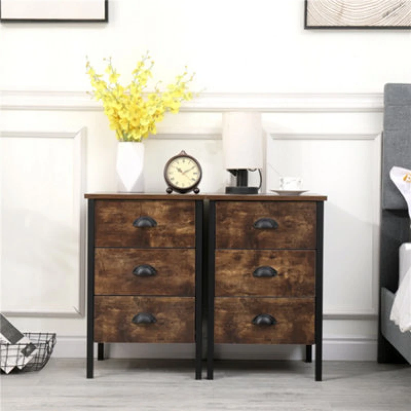 Image of Furniturehmd Set Of 2 Bedside Table With 3 Drawers Wooden Nightstand Rustic Style Storage Side Table