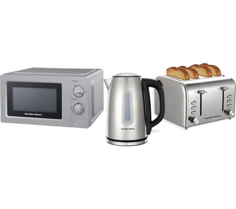 Image of HAMILTON BEACH Rise Polished HBKTMP Solo Microwave, Electric Kettle & 4-Slice Toaster Bundle - Silver/Grey 5060916370821