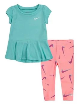 image of Nike Younger Girl Tunic Top And Leggings 2 Piece Set - Green/Pink, Size 12 Months, Women