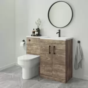 image of 1100mm Wood Effect Toilet and Sink Unit Right Hand with Round Toilet and Black Fittings - Ashford