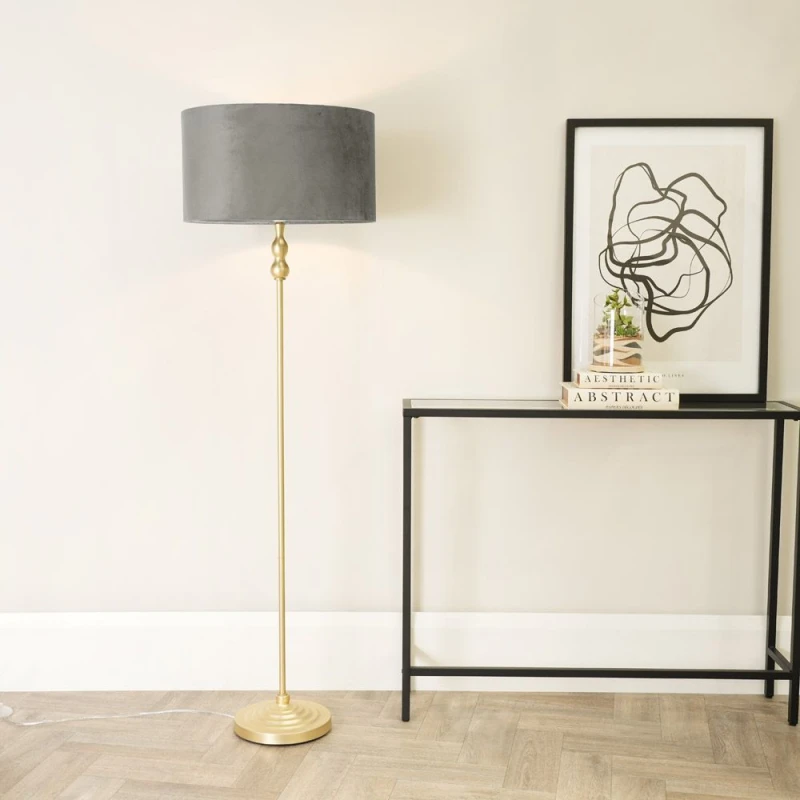 Image of ValueLights Maggie Gold Candlestick Floor Lamp with Velvet Lamp Shade and LED Bulb Grey