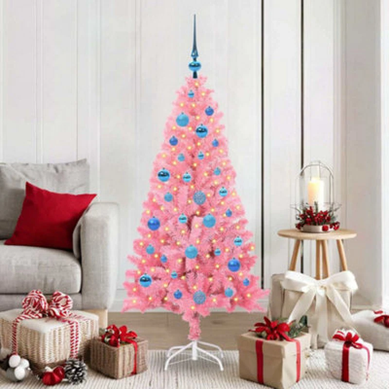 Image of vidaXL Christmas Tree with 150 LEDs with Stand, Blue Balls Pink 150cm PVC, Pink 3396423