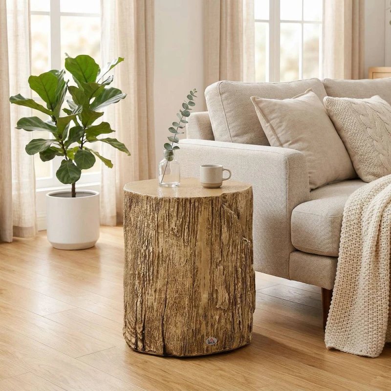 Image of HOMCOM Concrete Side Table Tree Stump End Table for Indoor Outdoors Natural Natural Unisex