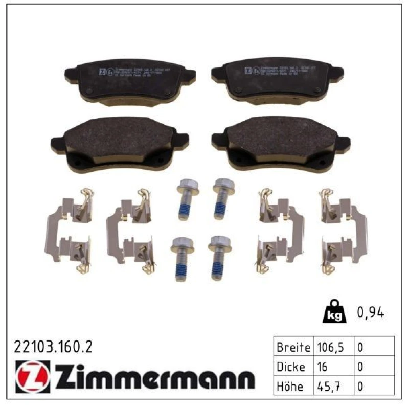 Image of ZIMMERMANN Brake pad set ZIMMERMANN 22103.160.2