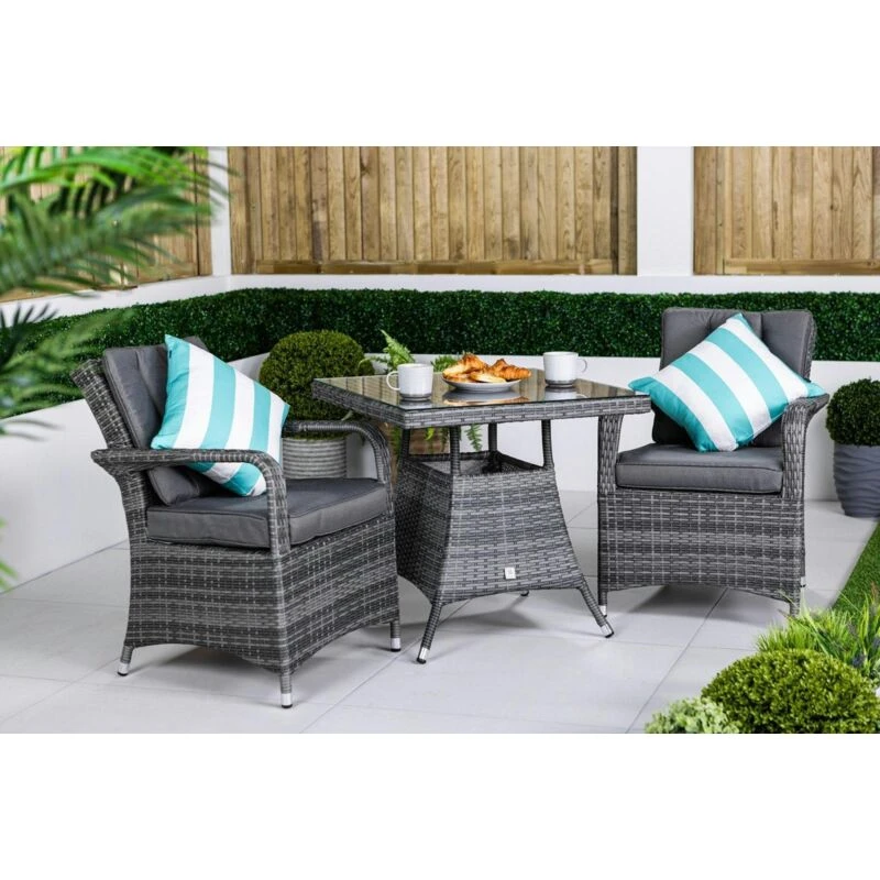 Image of Giardino Arizona Square Rattan Garden Bistro Table And Chairs Set 2 Seater Patio Furniture Set - Grey