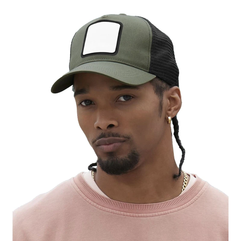 Image of Beechfield Beechfield Men Applique 5 Panel Trucker Cap in Dark Olive Dark Olive One Size Male 5063703615402