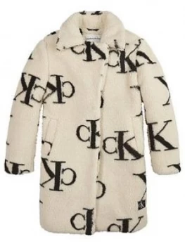 image of Calvin Klein Jeans Girls CK Print Teddy Coat, Cream, Size 10 Years, Women