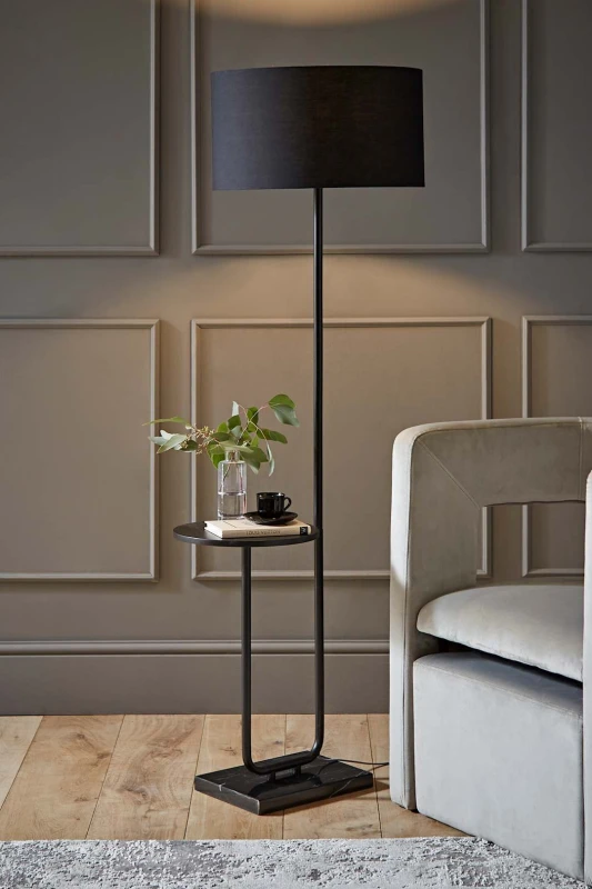Image of ValueLights Tavel Matte Black Marble Base Floor Lamp With Table And Large Black Shade Black