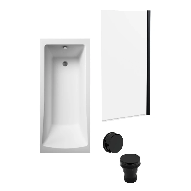 Image of Balterley Square Bath, Square Black Bath Screen and Waste 1700 x 700mm Black