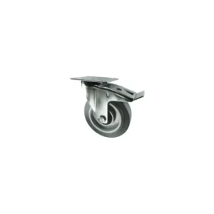 image of Braked Swivel Plate 100MM Grey Rubber Tyre