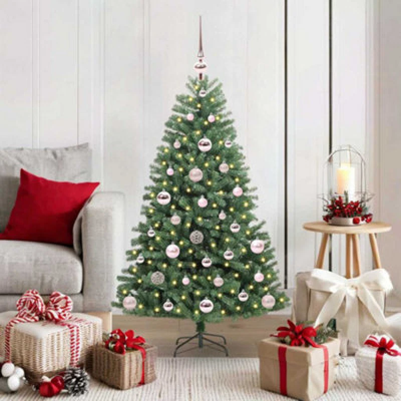 Image of vidaXL Artificial Hinged Christmas Tree with Pink Balls Green 120cm PVC and Metal, Green 3395471