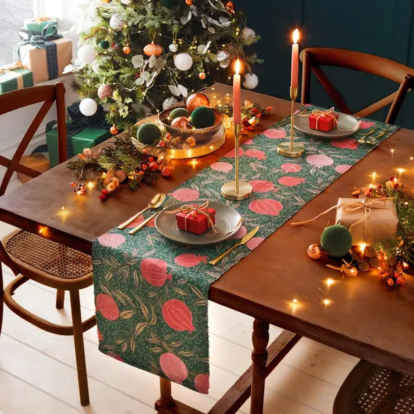 Image of Paoletti Pomegranate Washable Abstract Table Runner Green
