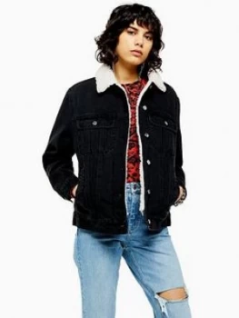 Image of Topshop Borg Denim Jacket - Washed Black, Washed Black, Size 8, Women
