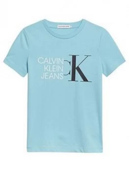 Image of Calvin Klein Jeans Boys Hybrid Logo Fitted T-Shirt - Bright Sky, Bright Sky, Size 14 Years