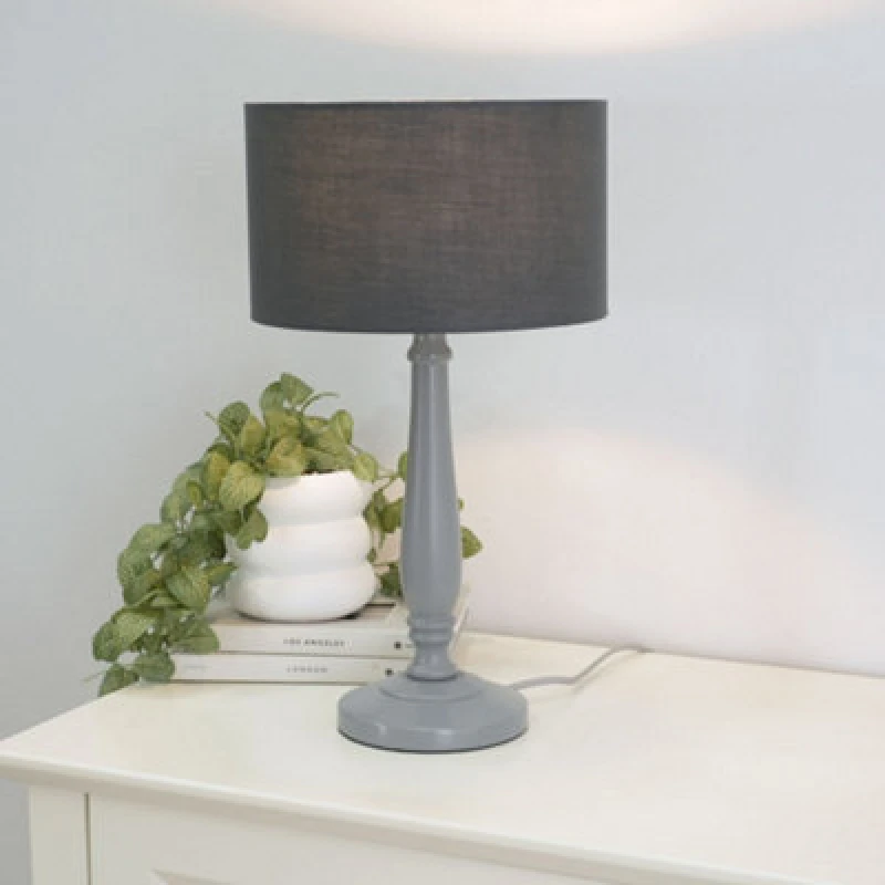 Image of ValueLights Victoria Grey Wood Traditional Table Lamp with Fabric Drum Shade and LED Bulb Charcoal
