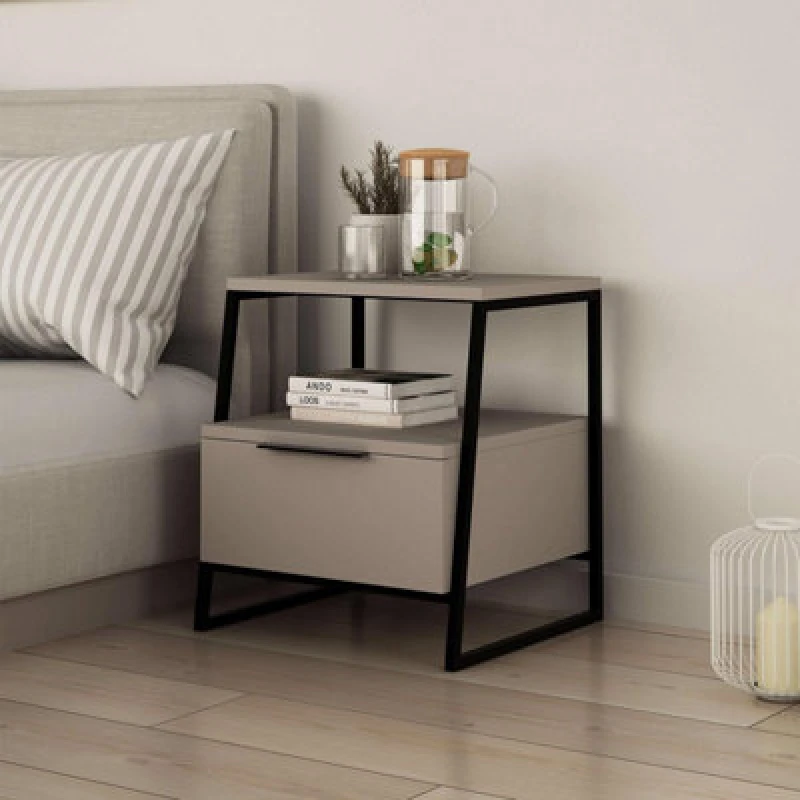 Image of FWStyle Mocha Grey 1 Drawer Modern Bedside Table Nightstand Black Metal Frame Grey