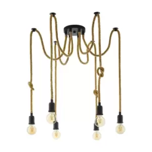Image of Hanging Ceiling Pendant Light Black & Rope 6x Bulb E27 Adjustable Spider Lamp