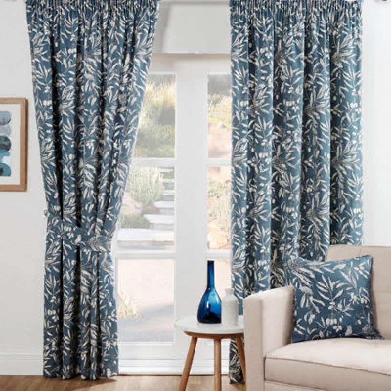 Image of Sundour Aviary Light Filtering Fully Lined Ready Made Curtain Pair Pencil Pleat Curtains Blue 46X54"
