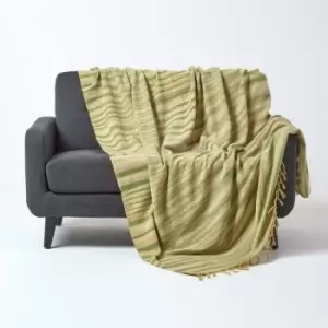 image of Bed Sofa Throw Cotton Chenille Tie Dye Green, 150 x 200cm - Green - Homescapes