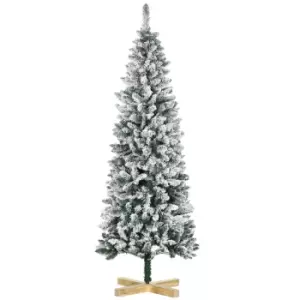 Image of HOMCOM 6 Foot Snow Flocked Artificial Christmas Tree, Xmas Pencil Tree with 630 Realistic Branches, Auto Open, Pinewood Base, Green