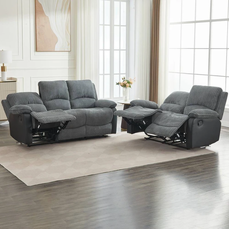 Image of FURNITURE ONE Manual Reclining Sofa Set, Corduroy Fabric - 2+3 Sofa Set in Grey Size: 1 Pack Grey Unisex 1 Pack