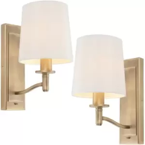 Image of 2 PACK Dimmable LED Wall Light Antique Brass & White Shade Classic Vintage Lamp