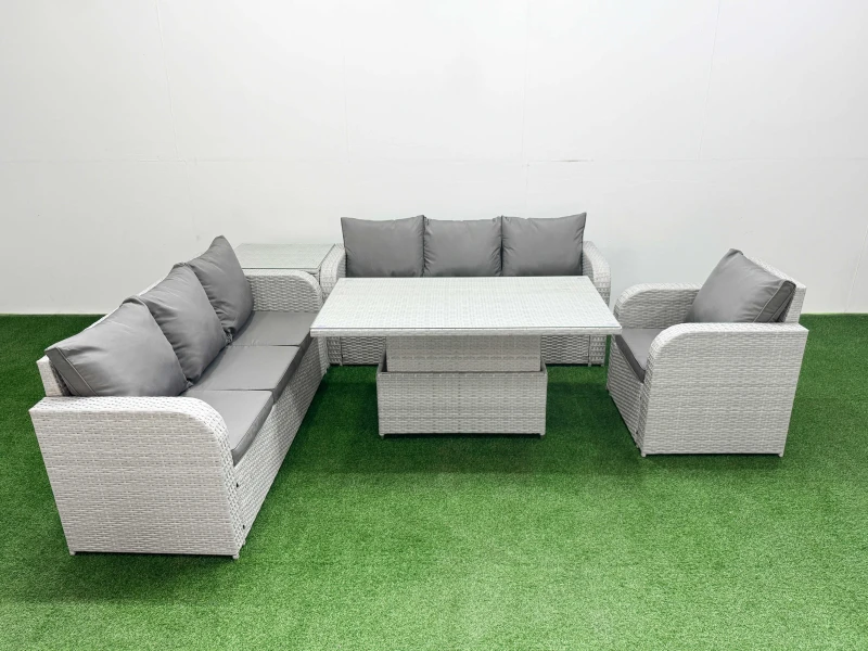 Image of FIMOUS Fimous 7 Seater Poly Rattan Outdoor Garden Furniture Adjustable Lifting Dining or Coffee Table Sofa Set Patio 3 Seater Sofa Reclining Chair 3 S