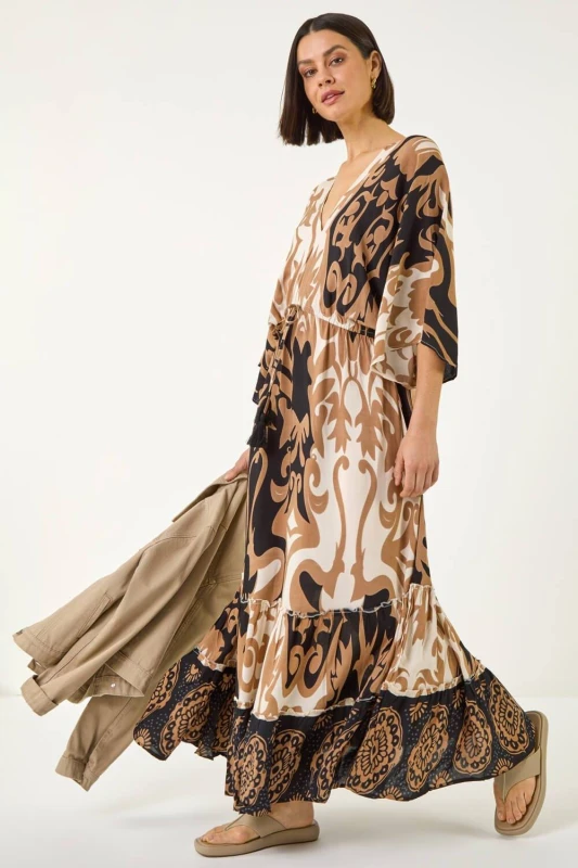 Image of Roman Womens Boho Border Print Maxi Dress in Tan Size: 16 Tan Female 16