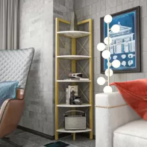Image of Decorotika Remo Corner Storage Rack, 5-Tier Bookshelf, Multifunctional Shelving Unit With Metal Frame, For Living Room, Bedroom, Kitchen - White
