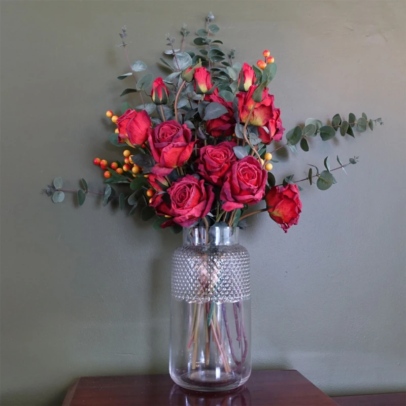 Image of Leaf 60cm Red Rose & Eucalyptus Glass Diamond Vase Red Unisex