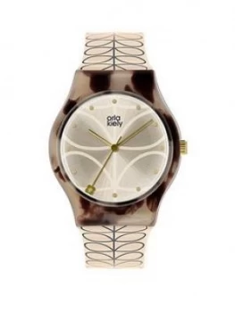 image of Orla Kiely Orla Kiely Bobby Champagne And Mink Tortoise Shell Dial Cream And Grey Stem Print Strap Ladies Watch