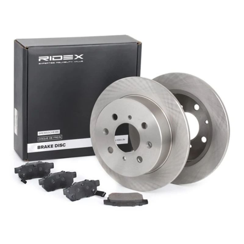 Image of RIDEX 3405B0265 Brake disc and pads set Rear Axle, Brake Disc Type: Solid, with acoustic wear warning, with anti-squeak plate Brake Set,disc brakes (