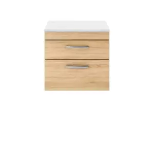 image of Nuie Athena 600 Wall Hung 2-drawer Vanity & Sparkling White Worktop - Natural Oak