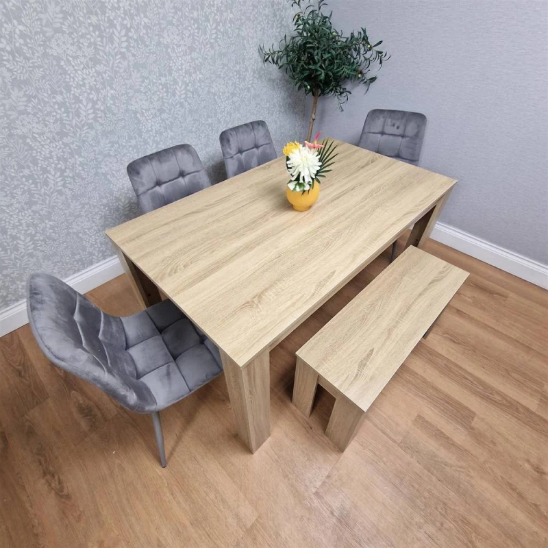 Image of KOSY KOALA Dining Table and 4 Chairs With Bench Oak Effect Wood 4 Grey Velvet Chairs Dining Room Oak table 117 + 4 grey rocco + 1 bench