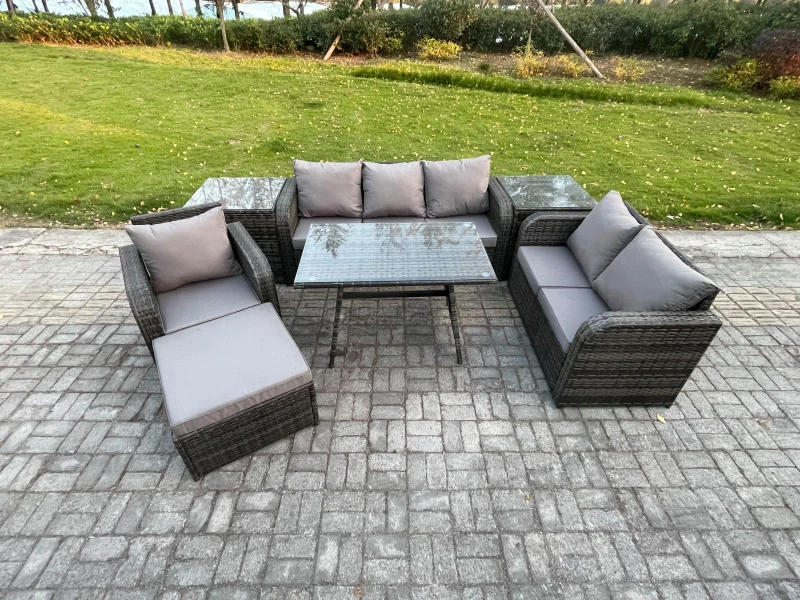 Image of Fimous 7 Seater Outdoor Rattan Garden Furniture Set Patio Lounge Sofa Set with Dining Table 2 Side Tables Big Footstool Dark Grey Mixed Dark Grey