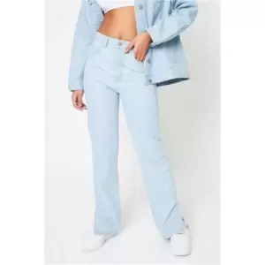 Image of I Saw It First Bleach Wash High Waist Side Split Hem Jeans - Blue