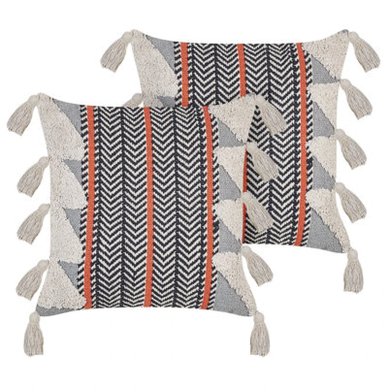 Image of Beliani Set Of 2 Decorative Cushions Bouvardia Cotton 45 X 45cm Grey Chevron Pattern