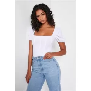 Image of I Saw It First White Crepe Square Neck Corset Detail Puff Sleeve Bodysuit - White