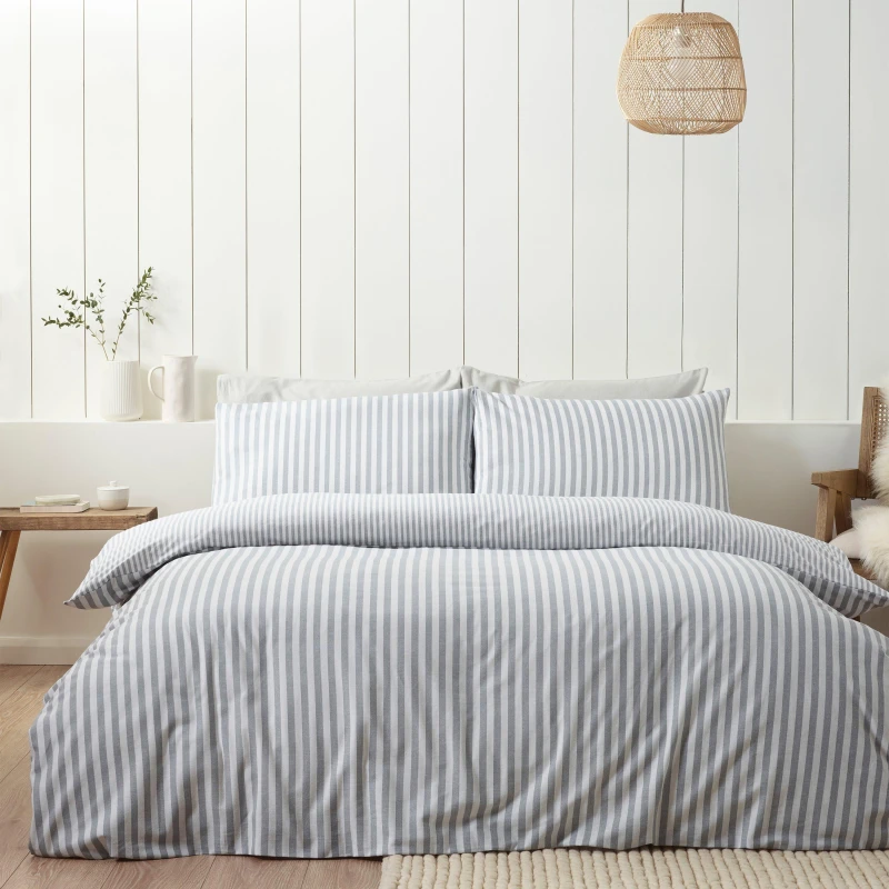 Image of Catherine Lansfield Catherine Lansfield 'Brushed Cotton Stripe' Duvet Cover Set in Silver Size: King Silver King Unisex 5057681185378
