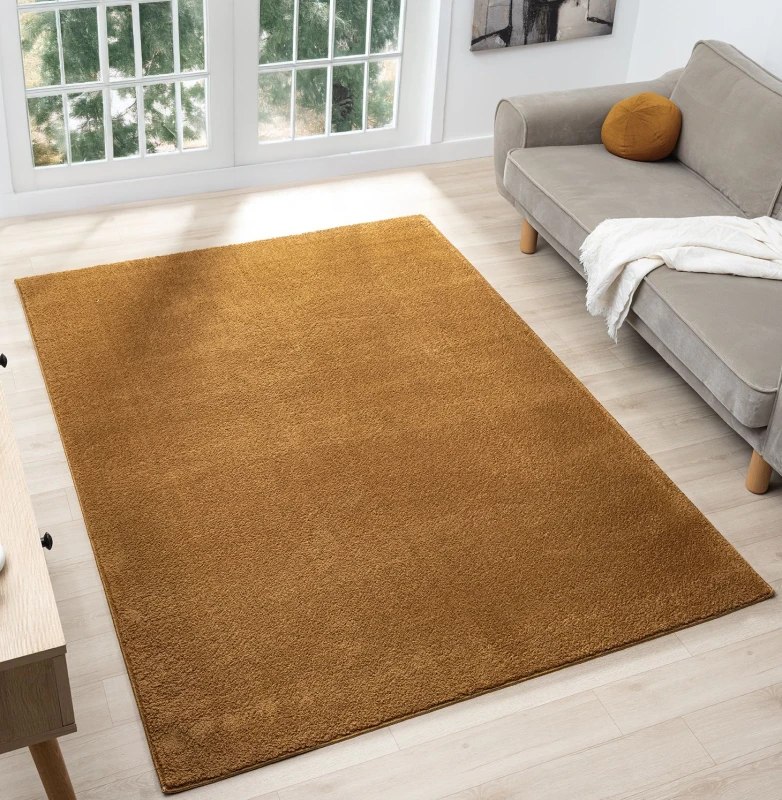 Image of Comfy Washable Low Pile Living Room Area Rug - Anti Slip Felt Backing Gold 200Cm X 280Cm