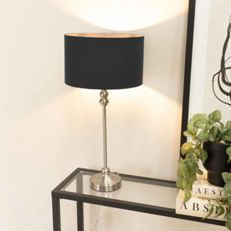 Image of ValueLights Maggie Brushed Chrome Candlestick Slim Table Lamp with Fabric Drum Lamp Shade Black