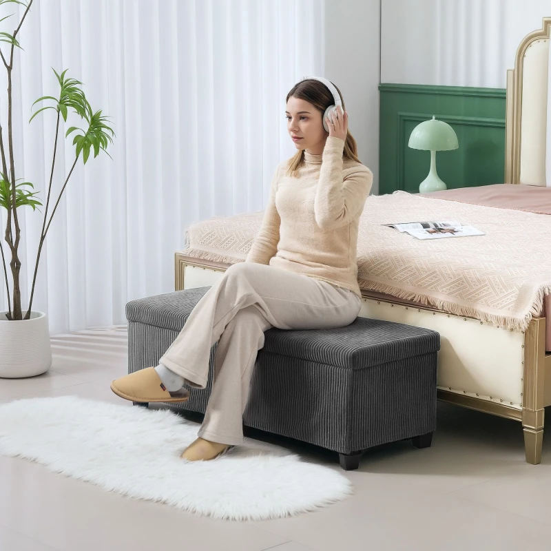 Image of HOMCOM HOMCOM Storage Ottoman Bench with Lid, Legs, 112cm Corduroy Footstool Chest in Grey Grey One Size Unisex 5063603323872