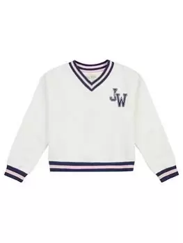 Image of Jack Wills Girls JW Oversized V-Neck Varsity Sweat Top - Marshmallow, Cream, Size Age: 10-11 Years, Women