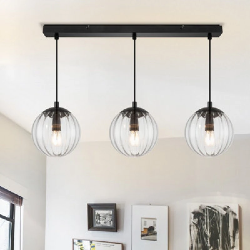 Image of Cosylyte Kingston 3 Light Modern Ribbed Glass Pendant Light - Matt Black Metal
