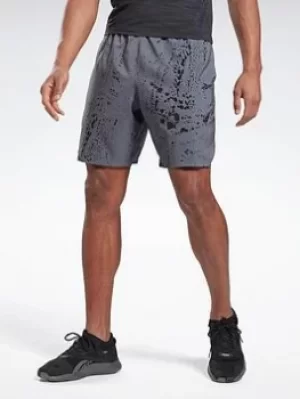 image of Reebok Workout Ready Allover Print Shorts, Grey, Size S, Men