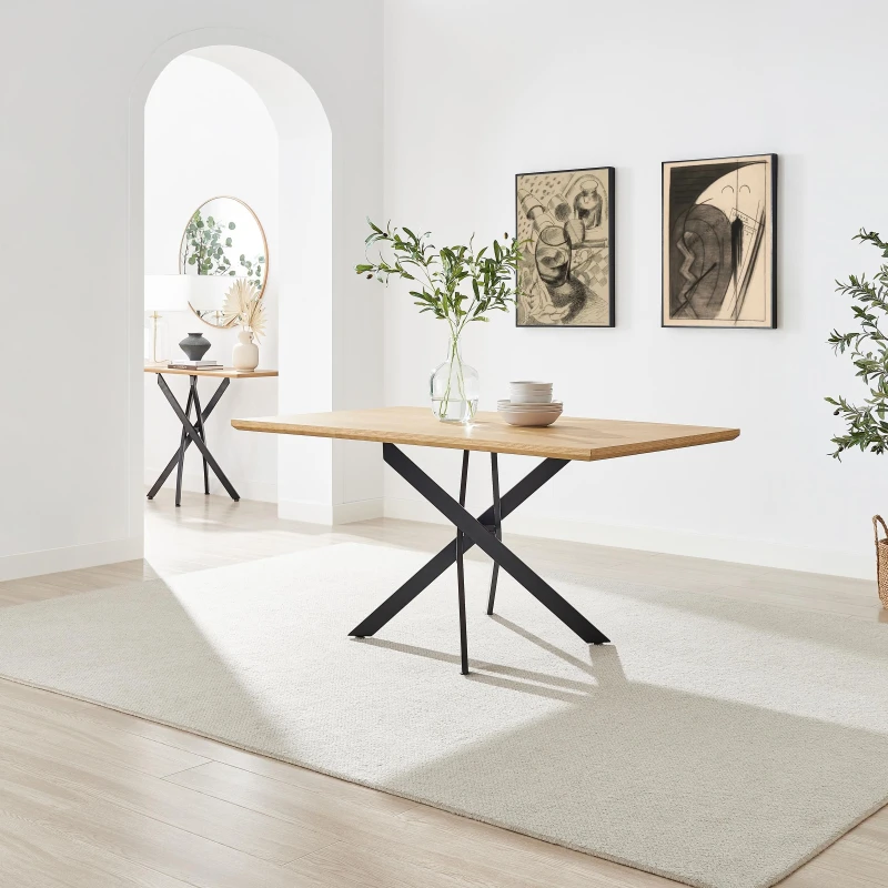 Image of FurnitureboxUK FurnitureboxUK Leonardo Rectangular Oak Veneer and Black Metal 6 Seater Dining Table in Light Oak Light Oak One Size Unisex 50567843081