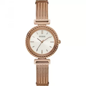 image of GUESS Ladies rose gold watch with white dial and mesh bracelet