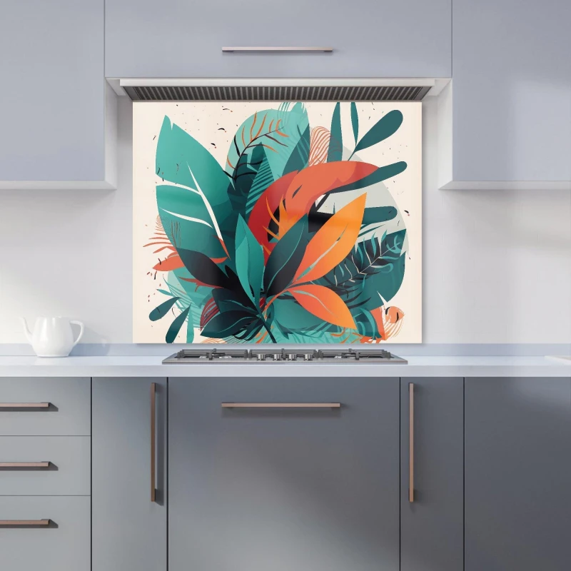 Image of Warren Reed - Designer Green Orange Tropical Leaves Kitchen Splashback Size: 600mm x 750mm Green Unisex 600mm x 750mm
