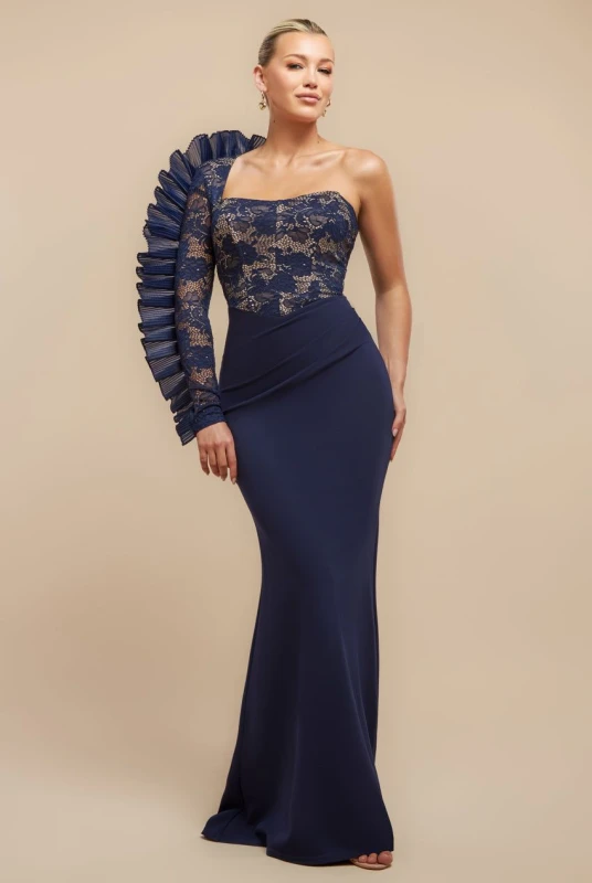 Image of Goddiva Womens One Shoulder Organza Fan Detail Lace Bodice Maxi Dress in Navy Size: 6 Navy Female 6