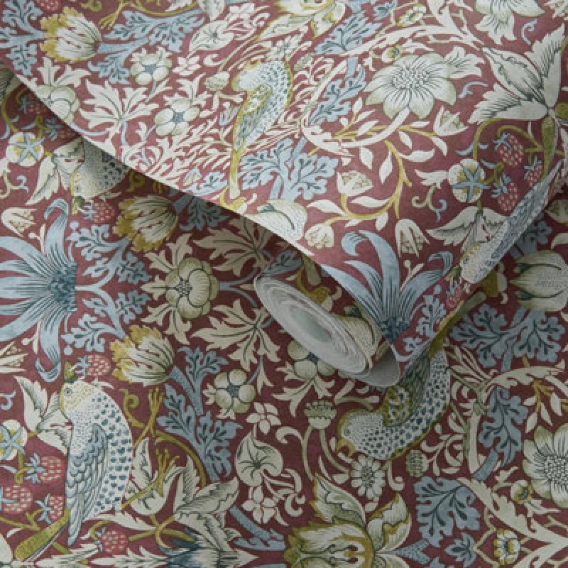 Image of WILLIAM MORRIS BY CLARKE & CLARKE Strawberry Thief Plum Wallpaper deep red 50X1000CM